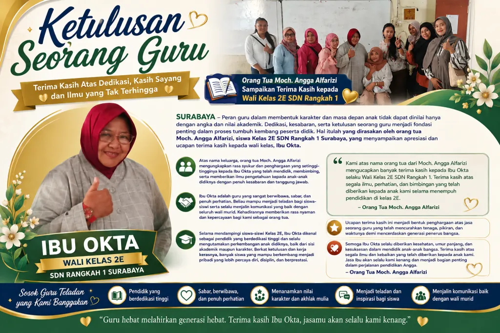 Ketulusan Seorang Guru, Orang Tua Moch. Angga Alfarizi Sampaikan Terima Kasih kepada Wali Kelas 2E SDN Rangkah 1