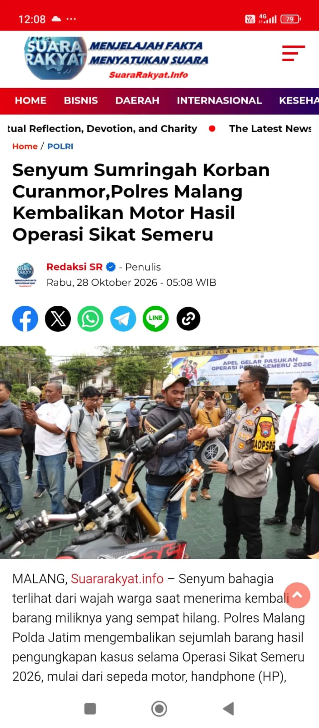 Senyum Sumringah Korban Curanmor,Polres Malang Kembalikan Motor Hasil Operasi Sikat Semeru