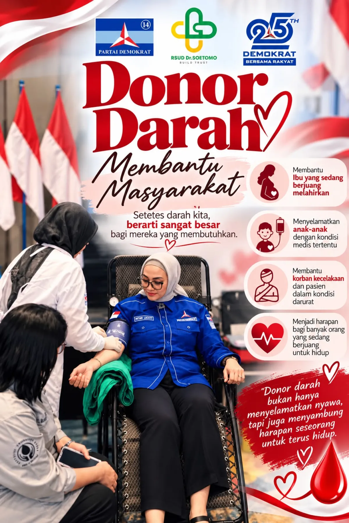 Tutup HUT ke-25 dengan Setetes Darah, Ning Lucy Bukan Sekadar Seremoni bukti nyata Demokrat bersama rakyat 